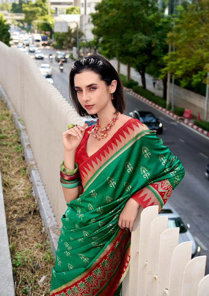 Green  Soft Silk Temple Border Saree with  Zari Weaving