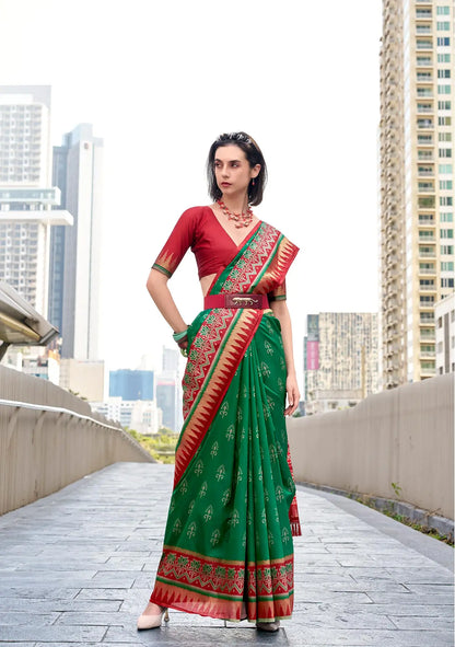 Green  Soft Silk Temple Border Saree with  Zari Weaving