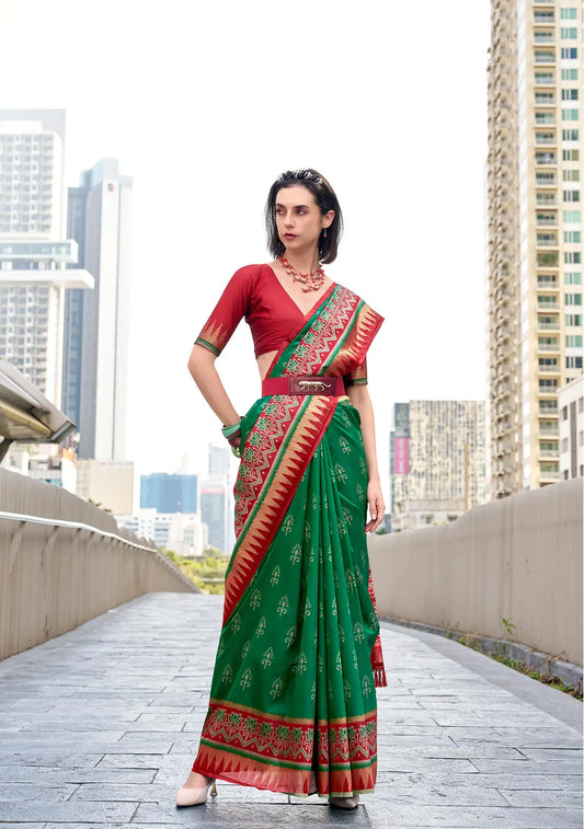 Green  Soft Silk Temple Border Saree with  Zari Weaving