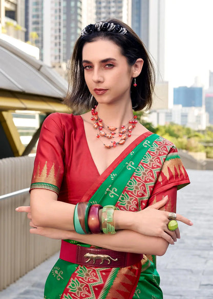 Green  Soft Silk Temple Border Saree with  Zari Weaving