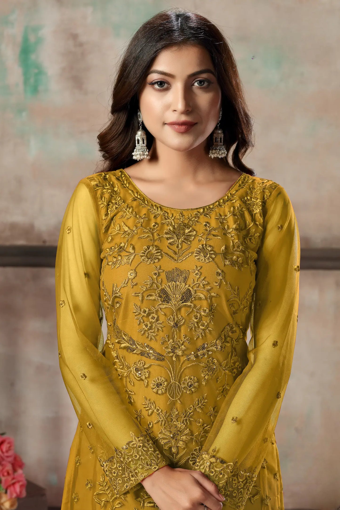 Yellow Net Salwar Suit With Thread & Sequence Embroidery Work