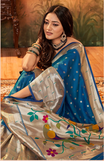 Teal Blue  Paithani Silk Saree with Woven Border & Pallu