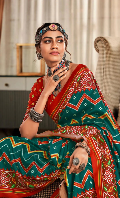Dark Green  Handloom Silk Saree with Patola Print & Tassel Pallu