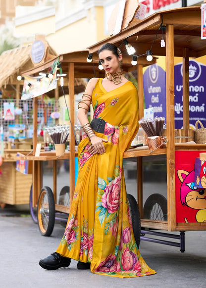 Yellow Georgette Saree with Exclusive Print