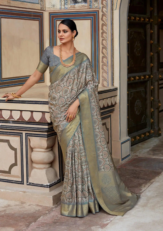 Grey Handloom Silk Saree  With Digital Print Zari Border