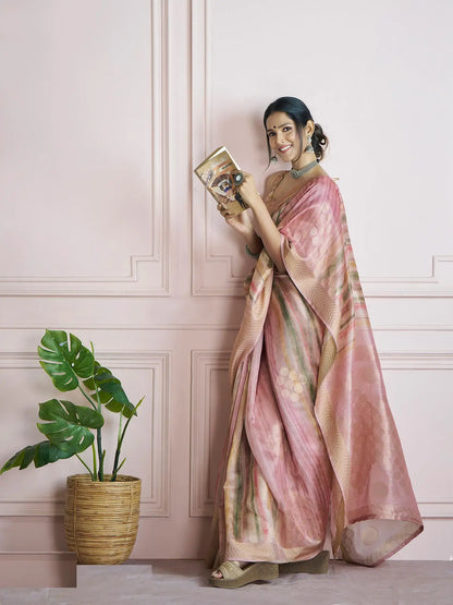 Pink Handloom Khadi Silk Saree with Digital Print & Zari  Border