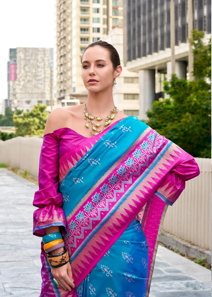Blue Soft Silk Temple Border Saree with  Zari Weaving