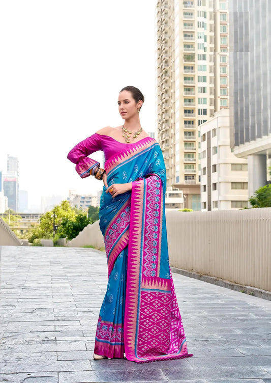 Blue Soft Silk Temple Border Saree with  Zari Weaving