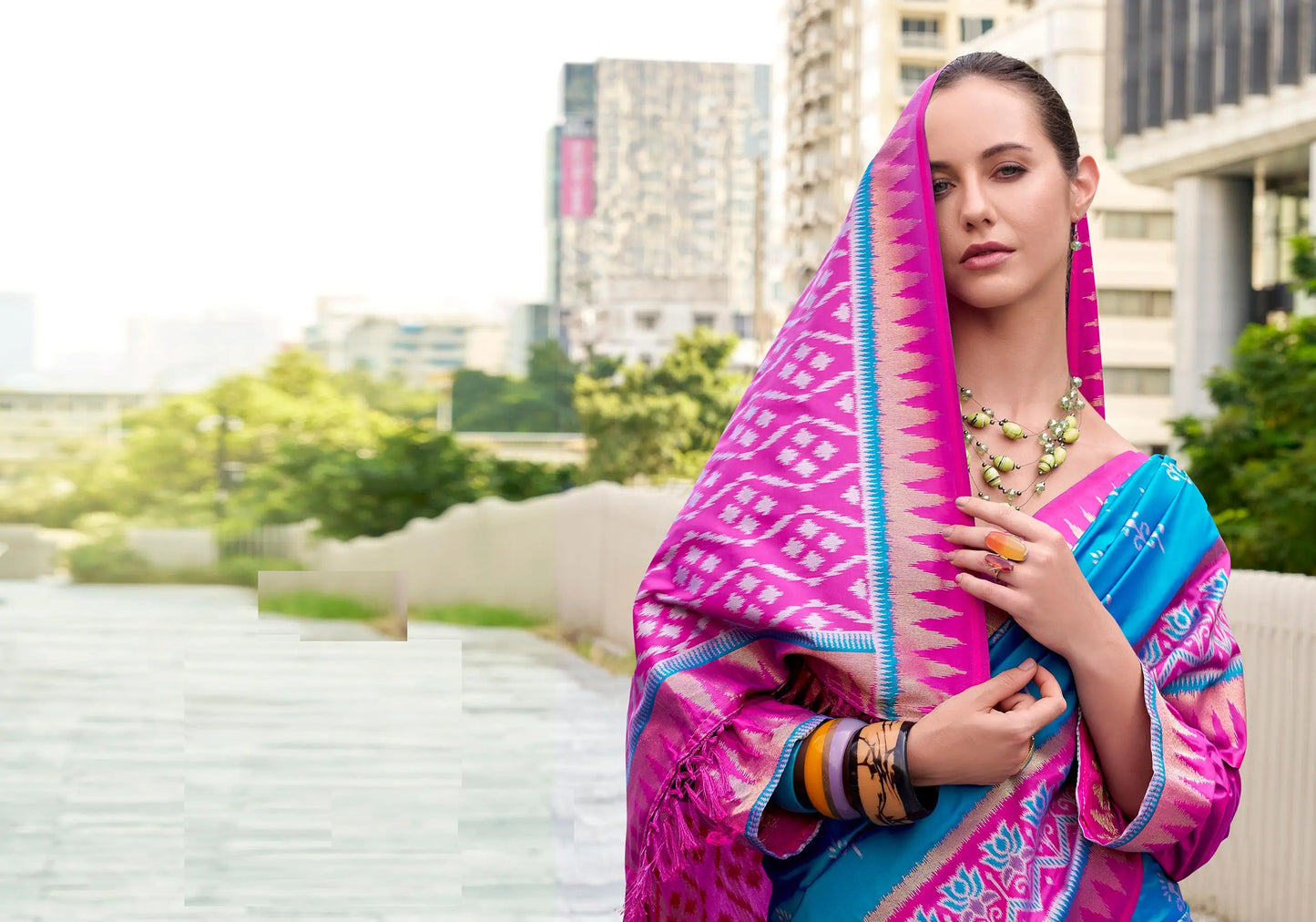 Blue Soft Silk Temple Border Saree with  Zari Weaving