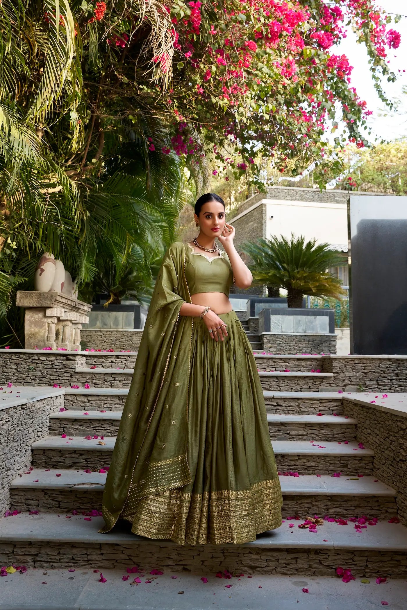 Olive Green Chanderi Silk Lehenga Choli With Zari Weaving Work