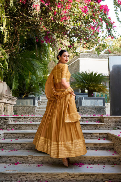 Light Mustard Chanderi Silk Lehenga Choli With Zari Weaving Work