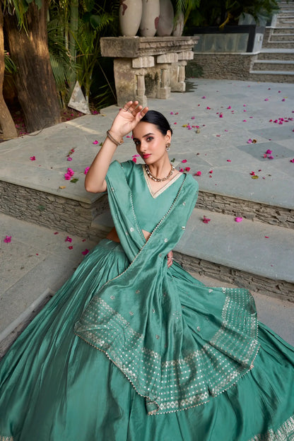 Sea Green Chanderi Silk Lehenga Choli With Zari Weaving Work