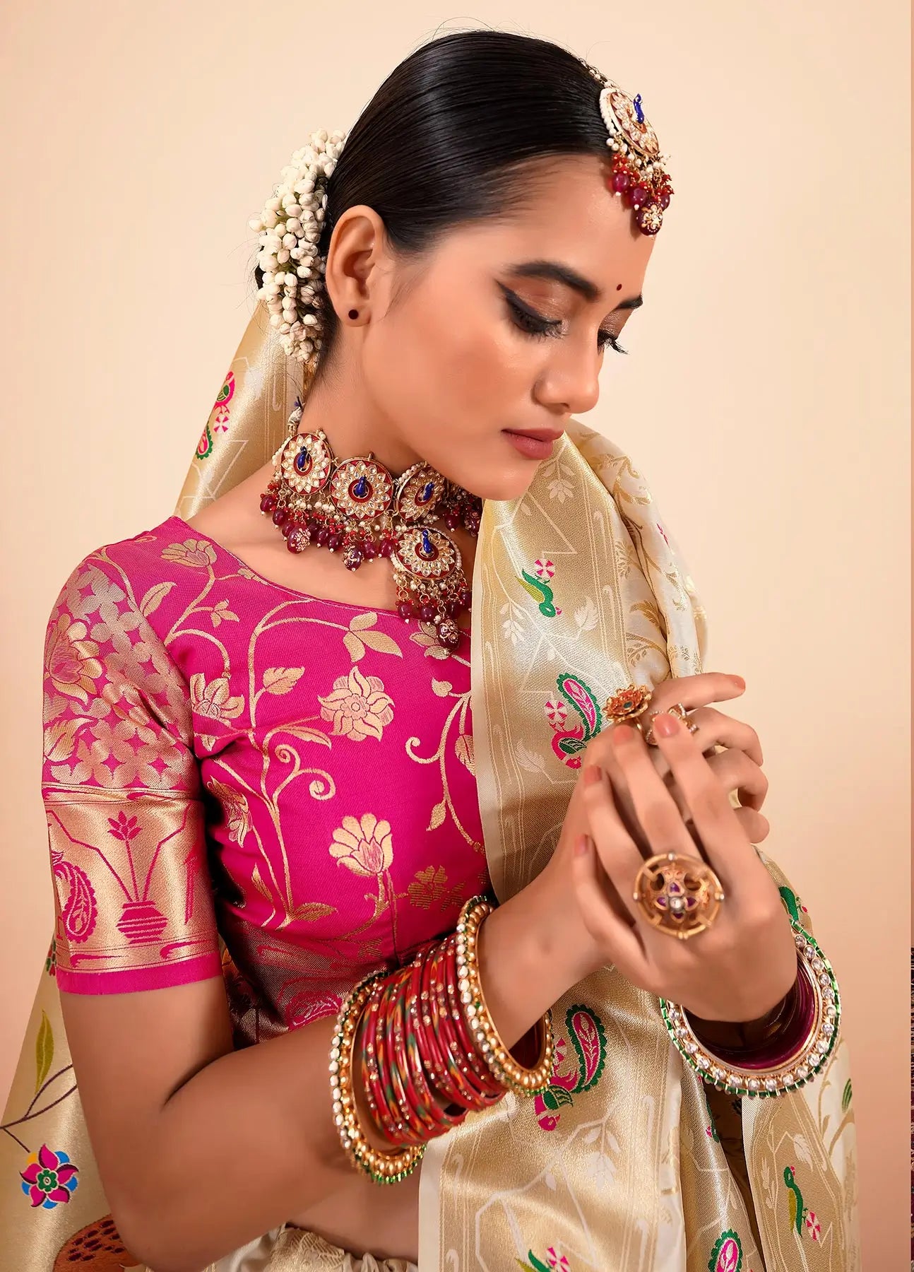 Beige Paithani Silk Saree with Zari Border & Rich Pallu