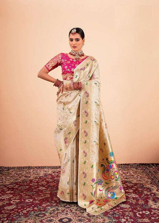 Beige Paithani Silk Saree with Zari Border & Rich Pallu