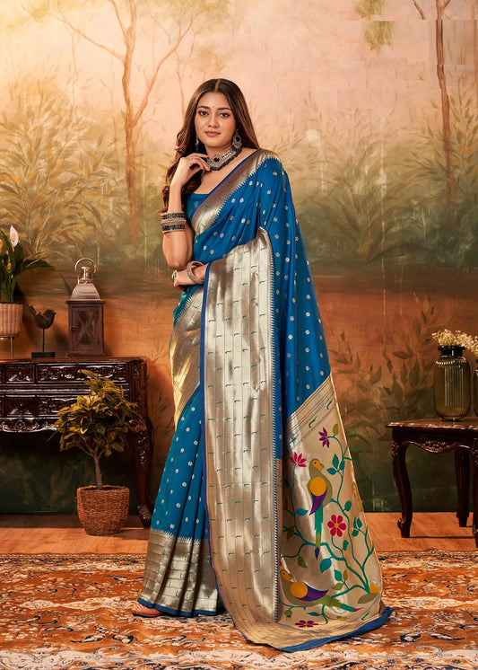 Teal Blue Paithani Silk Saree with Woven Border & Pallu