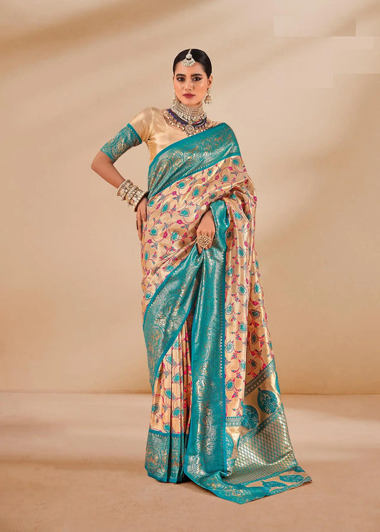 Blue Dharmavaram Tissue Silk Saree with Zari Weaving & Contrast Border