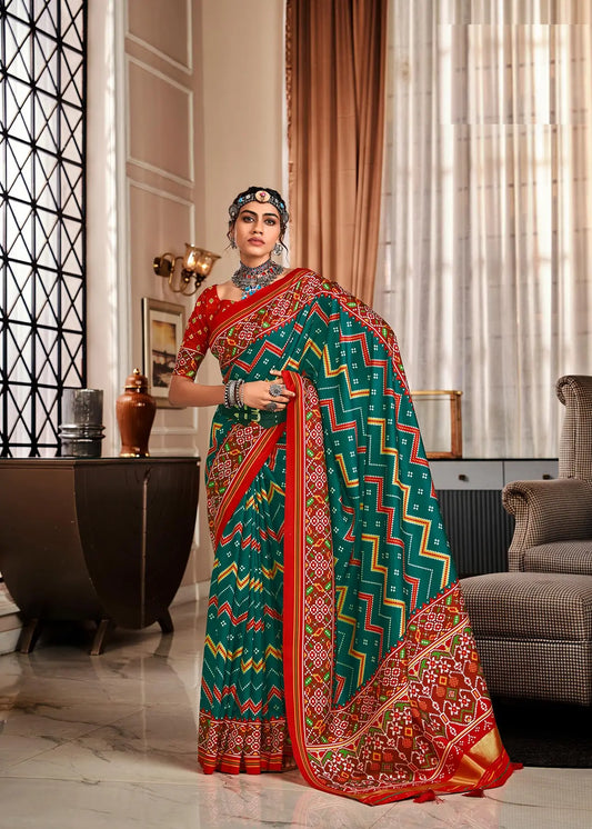 Dark Green  Handloom Silk Saree with Patola Print & Tassel Pallu