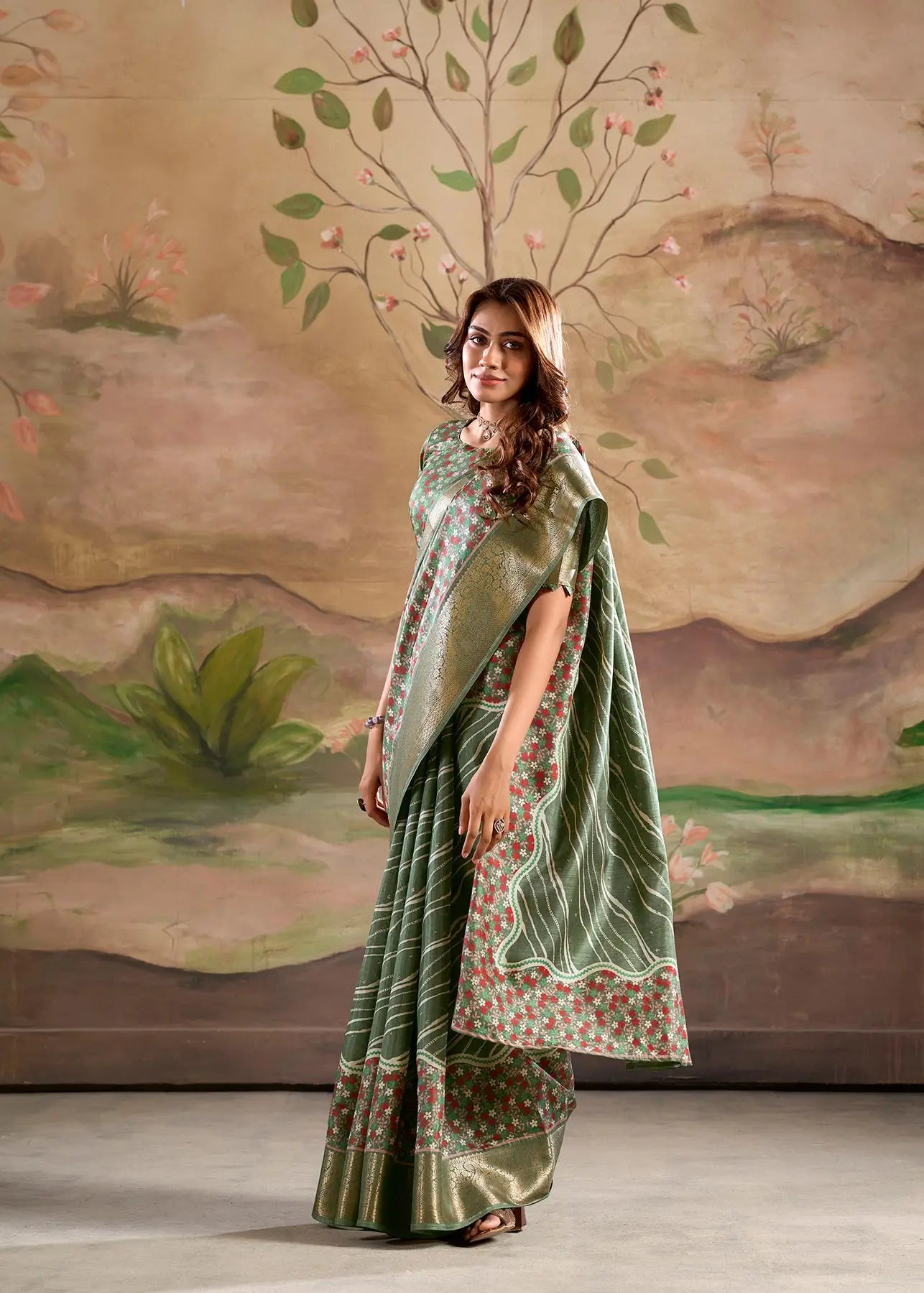 Green  Dola Silk Printed Saree With Zari Border