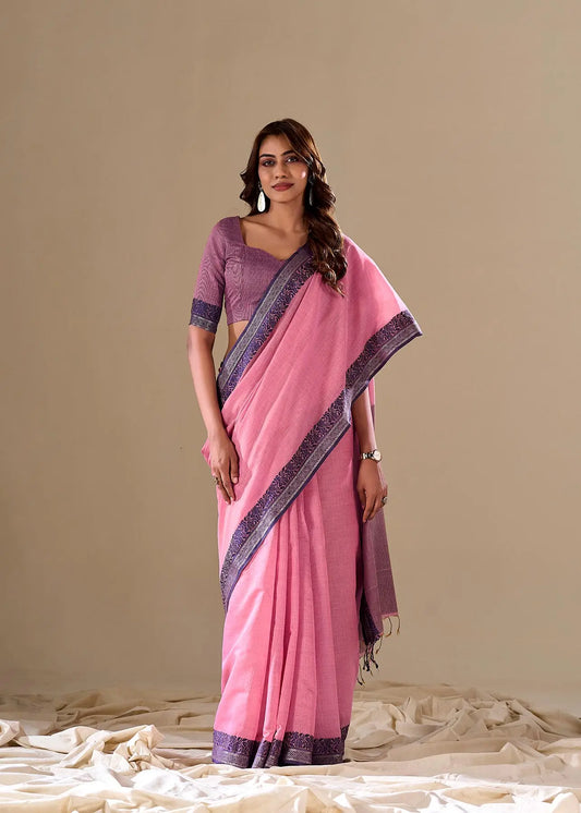 Pink Handloom Silk Saree With Contarast Border