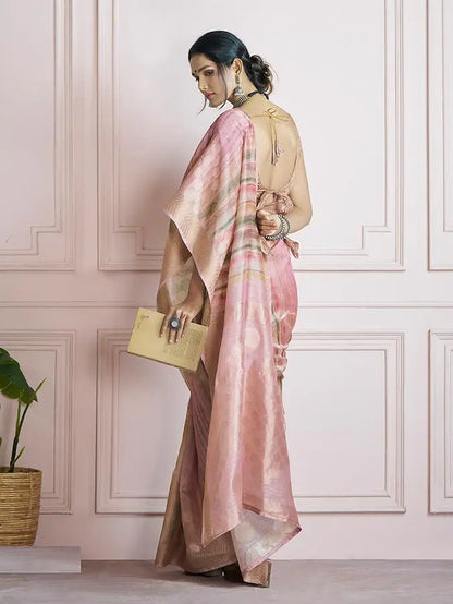 Pink Handloom Khadi Silk Saree with Digital Print & Zari  Border