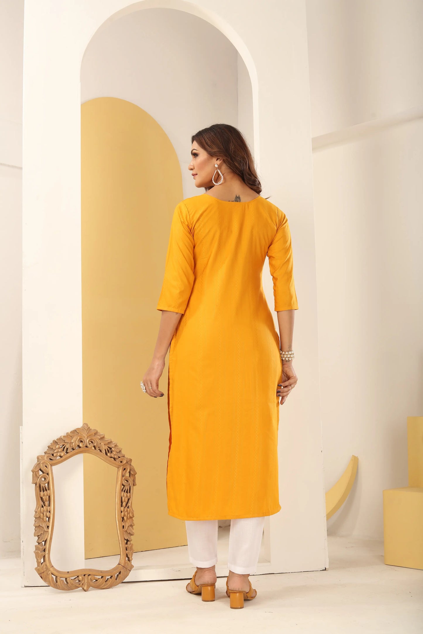 Yellow Silk Straight Kurta Set with Handmade Embroidery