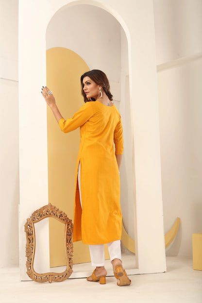 Yellow Silk Straight Kurta Set with Handmade Embroidery