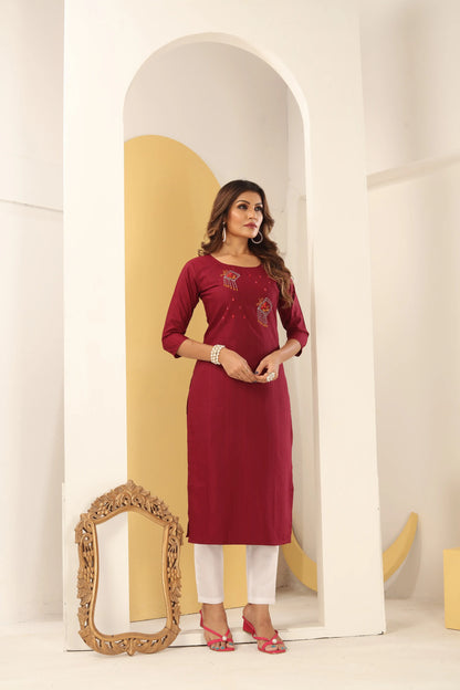 Red Silk Straight Kurta Set with Handmade Embroidery