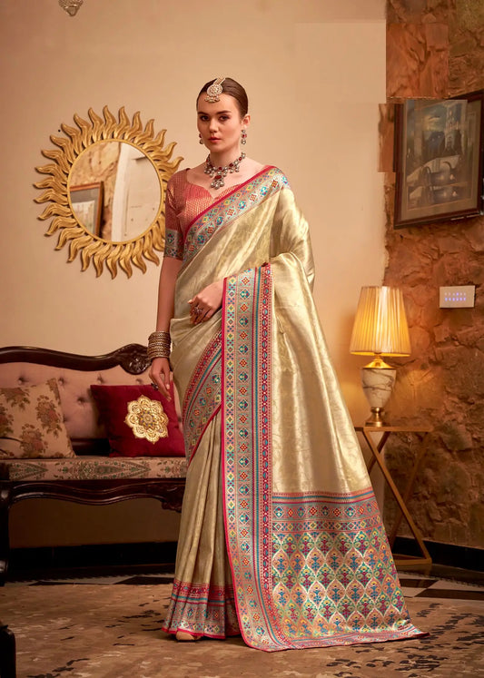 Beige Tissue Silk Zari Weaving Saree with Distinctive Border
