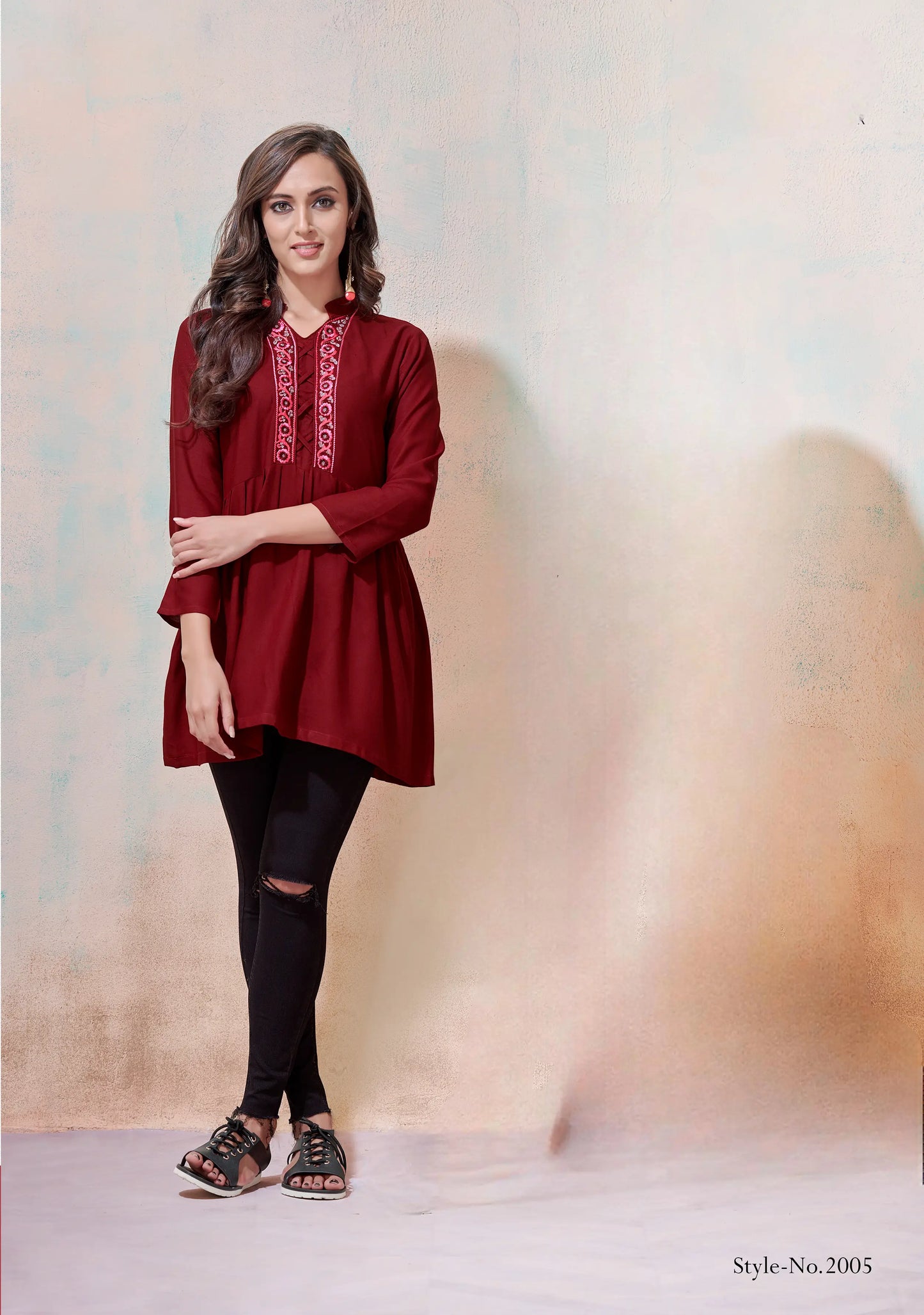 Cherry Red Rayon Short Kurti With Embroidery Work