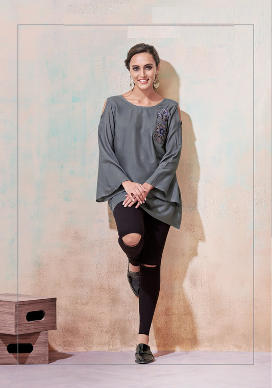 Grey Rayon Short Kurti With Embroidery Work