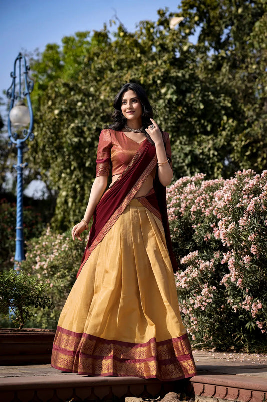 Beige Kanchipuram Zari Weaving Work Lehenga Choli