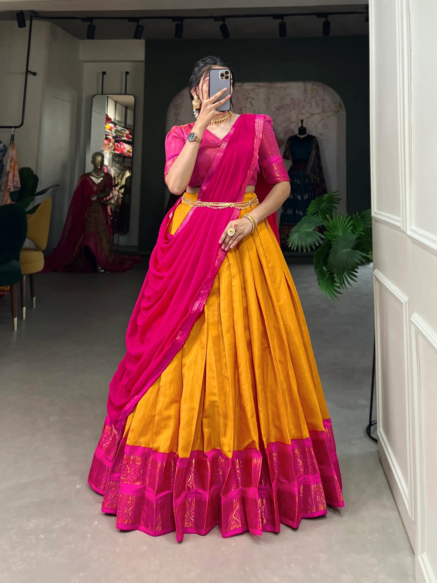 Mustard Kanchipuram Zari Weaving Work Lehenga Choli
