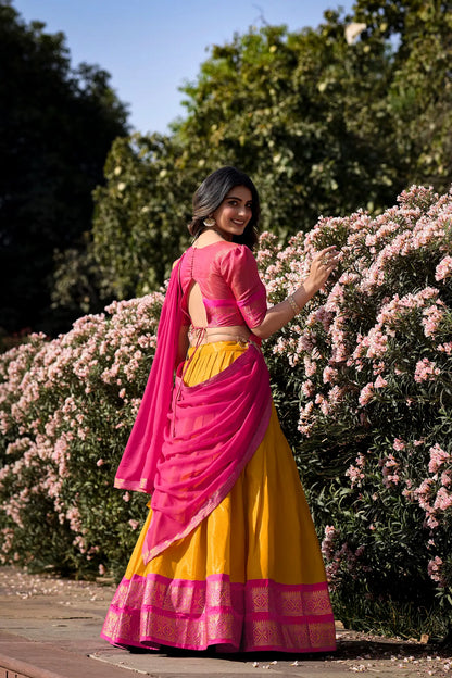 Mustard Kanchipuram Zari Weaving Work Lehenga Choli