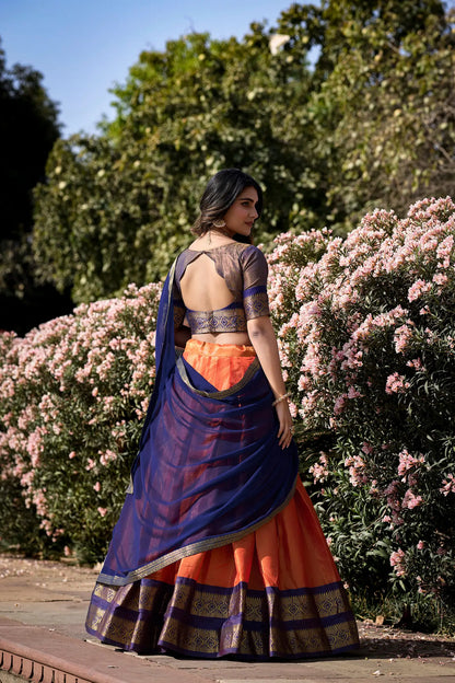 Orange Kanchipuram Zari Weaving Work Lehenga Choli