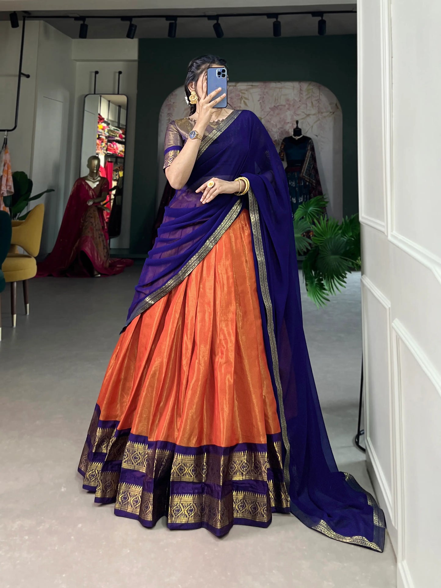 Orange Kanchipuram Zari Weaving Work Lehenga Choli