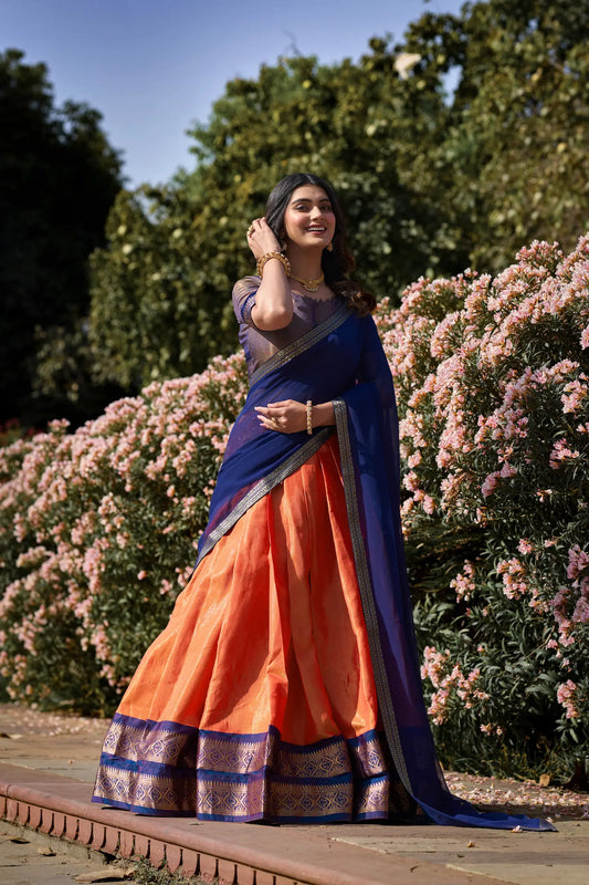 Orange Kanchipuram Zari Weaving Work Lehenga Choli
