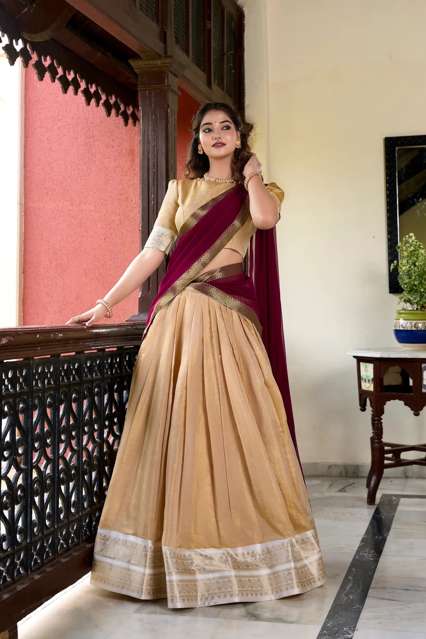 Beige Kanchipuram Zari Weaving Work Lehenga Choli