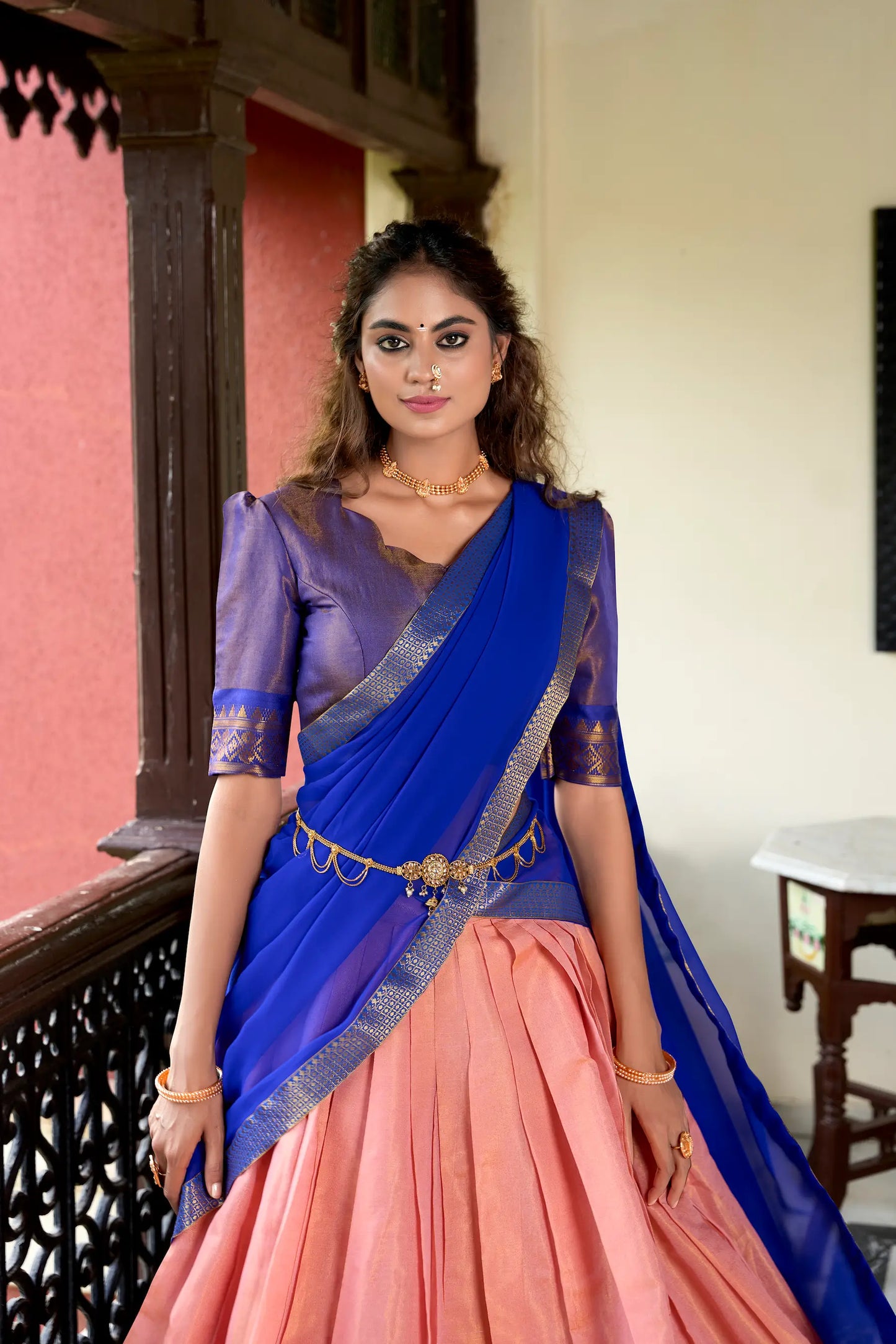 Peach Kanchipuram Zari Weaving Work Lehenga Choli