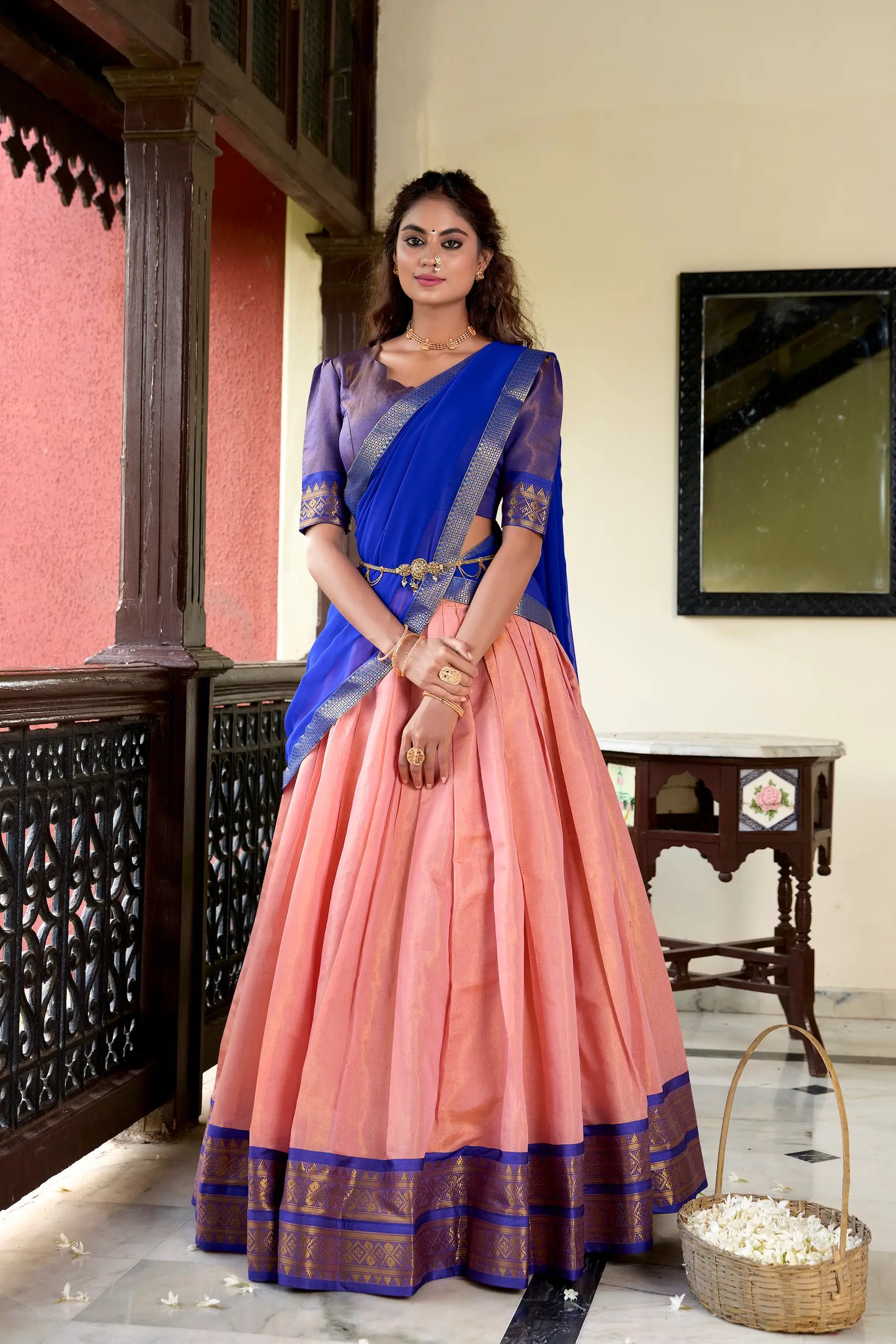 Peach Kanchipuram Zari Weaving Work Lehenga Choli