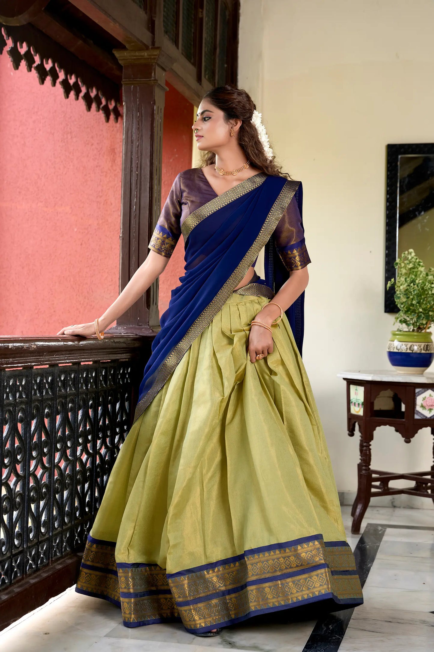 Olive Green Kanchipuram Zari Weaving Work Lehenga Choli