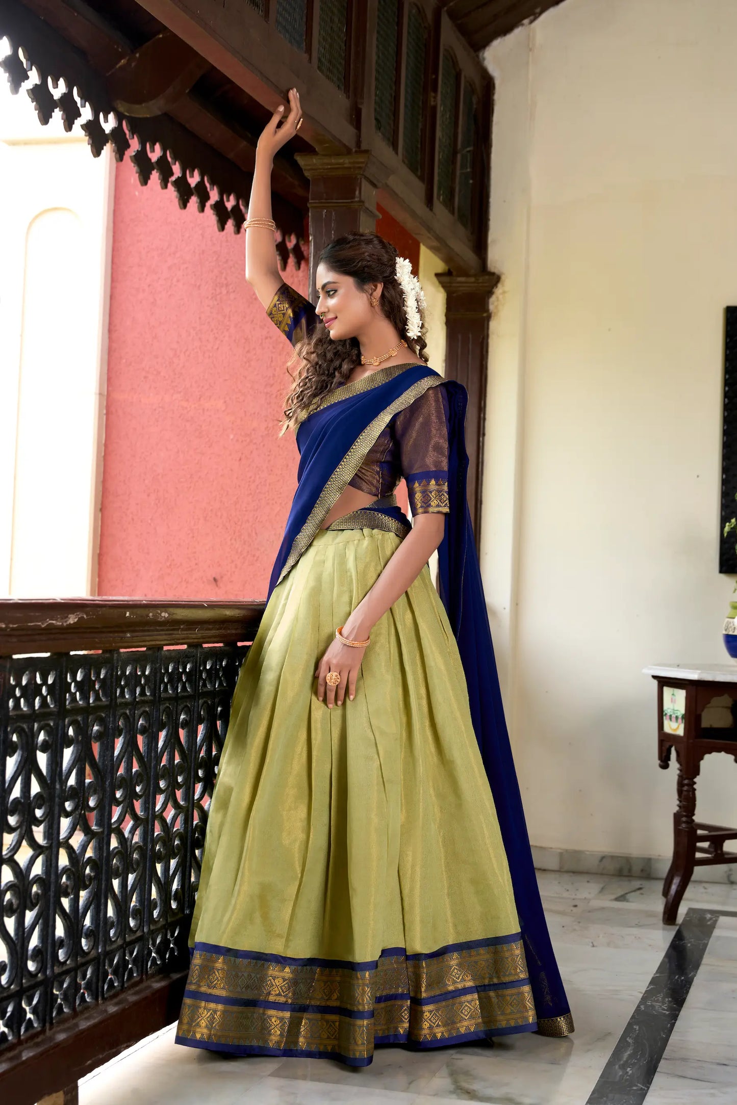 Olive Green Kanchipuram Zari Weaving Work Lehenga Choli