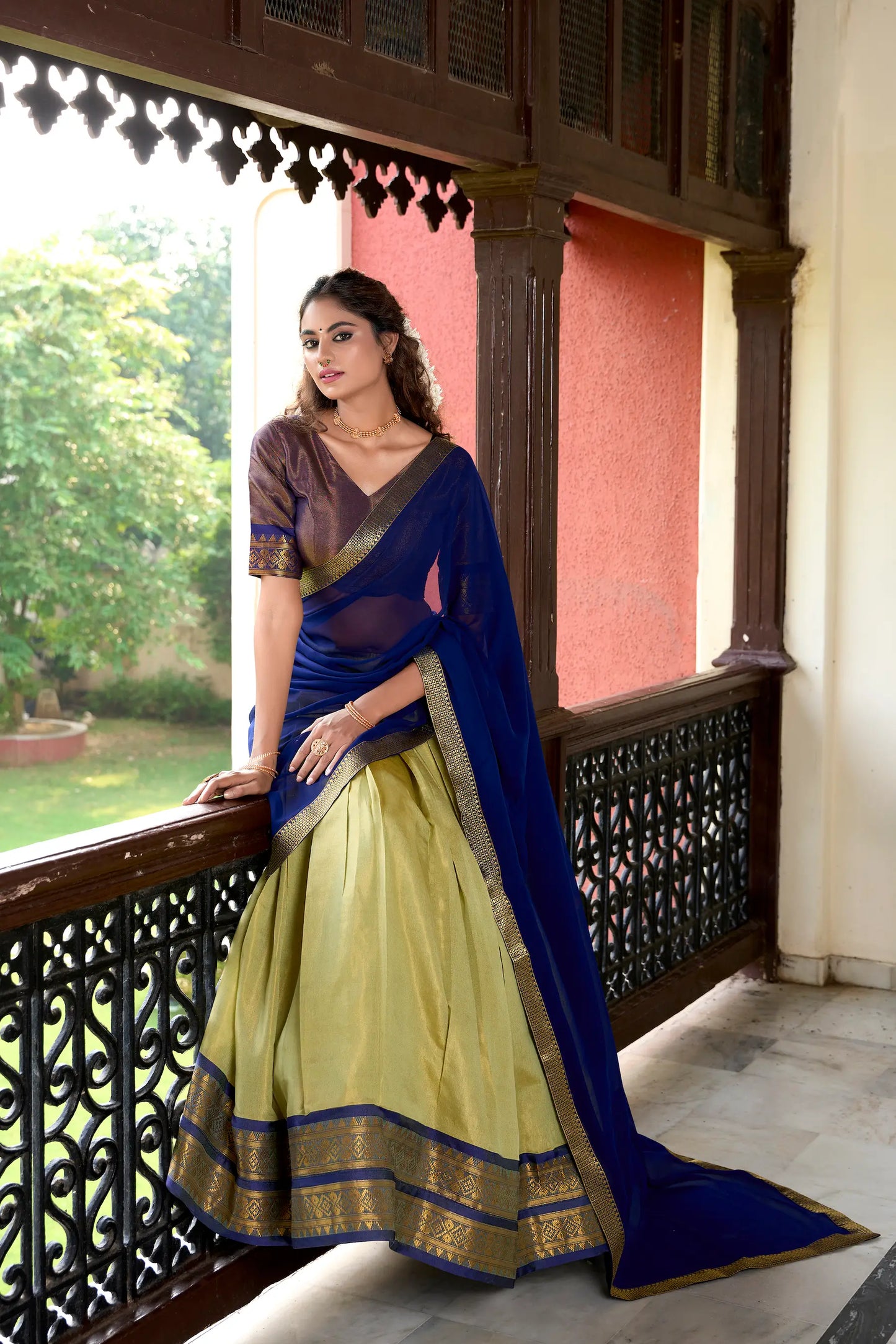 Olive Green Kanchipuram Zari Weaving Work Lehenga Choli