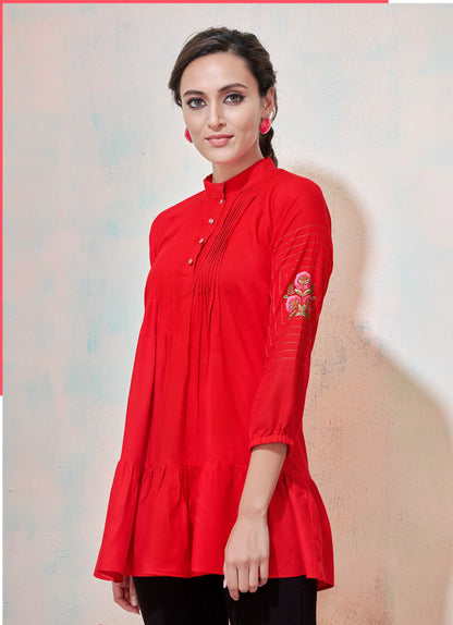 Red Rayon Short Kurti With Embroidery Work