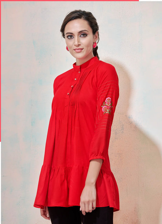 Red Rayon Short Kurti With Embroidery Work