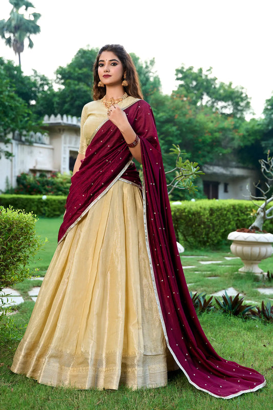 Beige Kanchipuram Zari Weaving Work Lehenga Choli