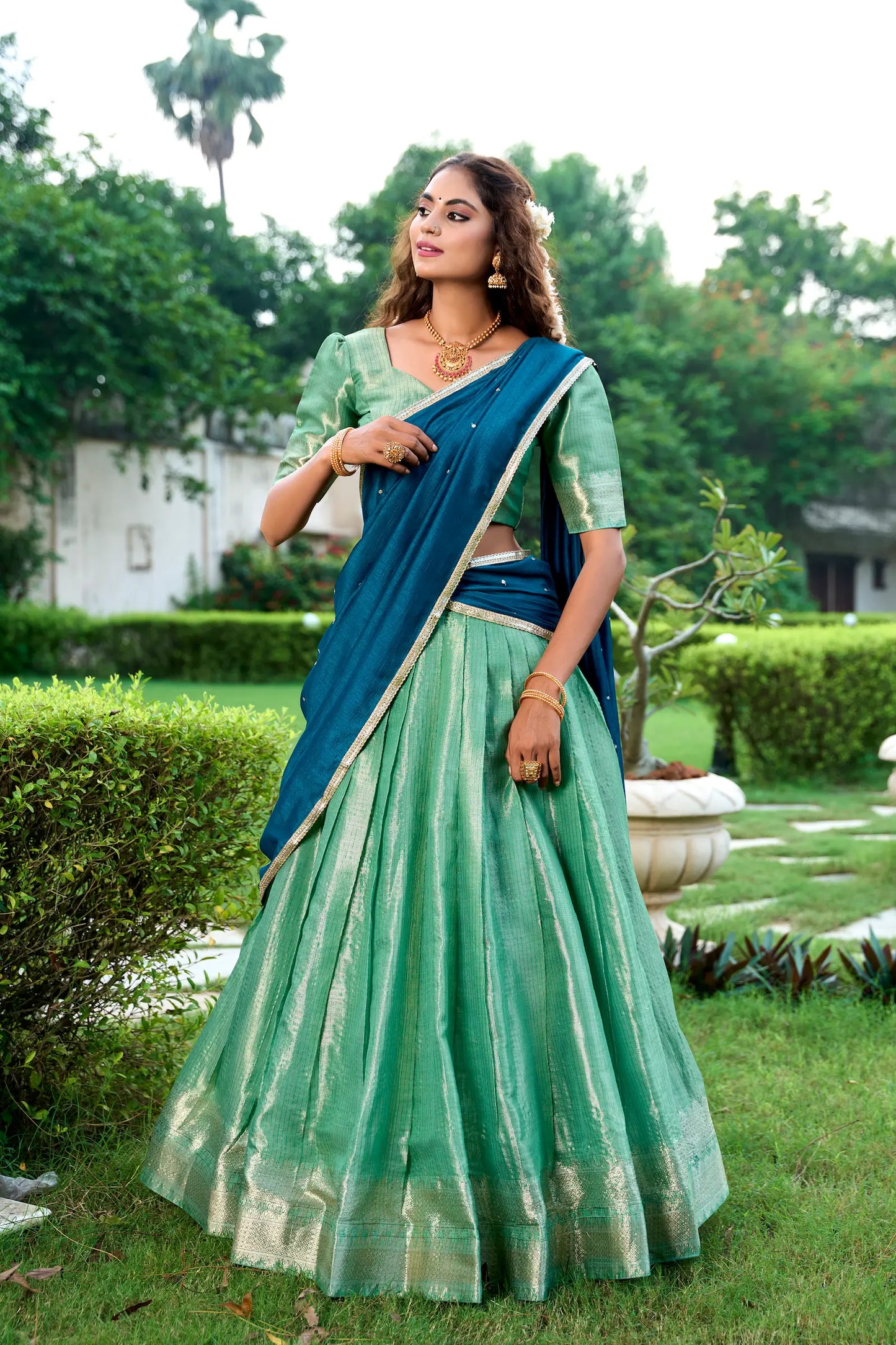 Sea Green Kanchipuram Zari Weaving Work Lehenga Choli