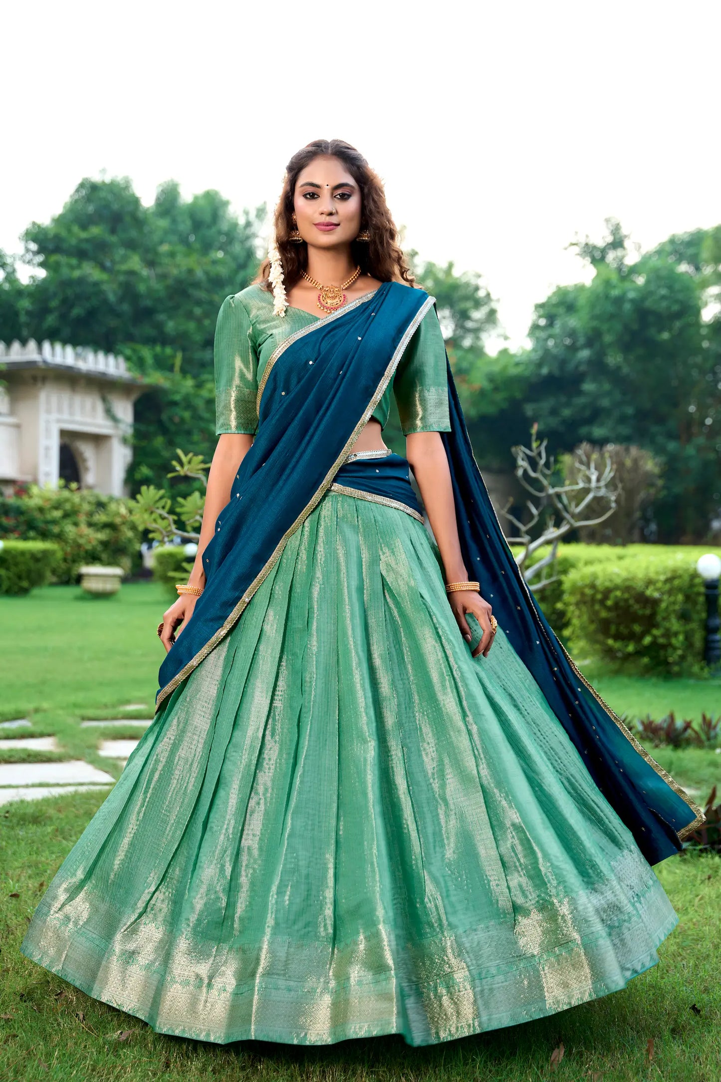 Sea Green Kanchipuram Zari Weaving Work Lehenga Choli