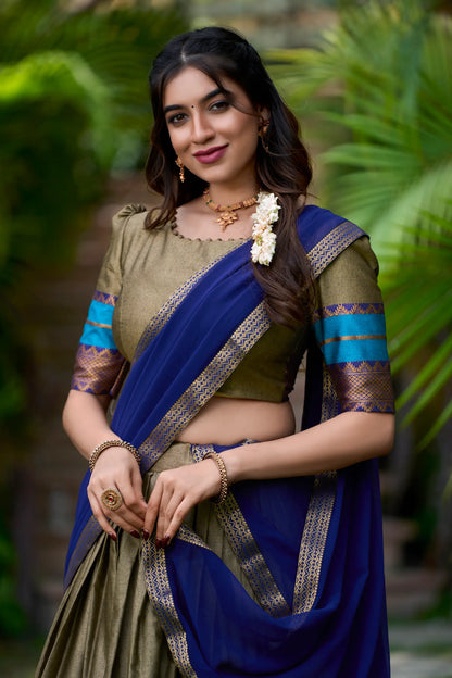 Dark Beige Poly Cotton Lehenga Choli with Zari Weaving Work