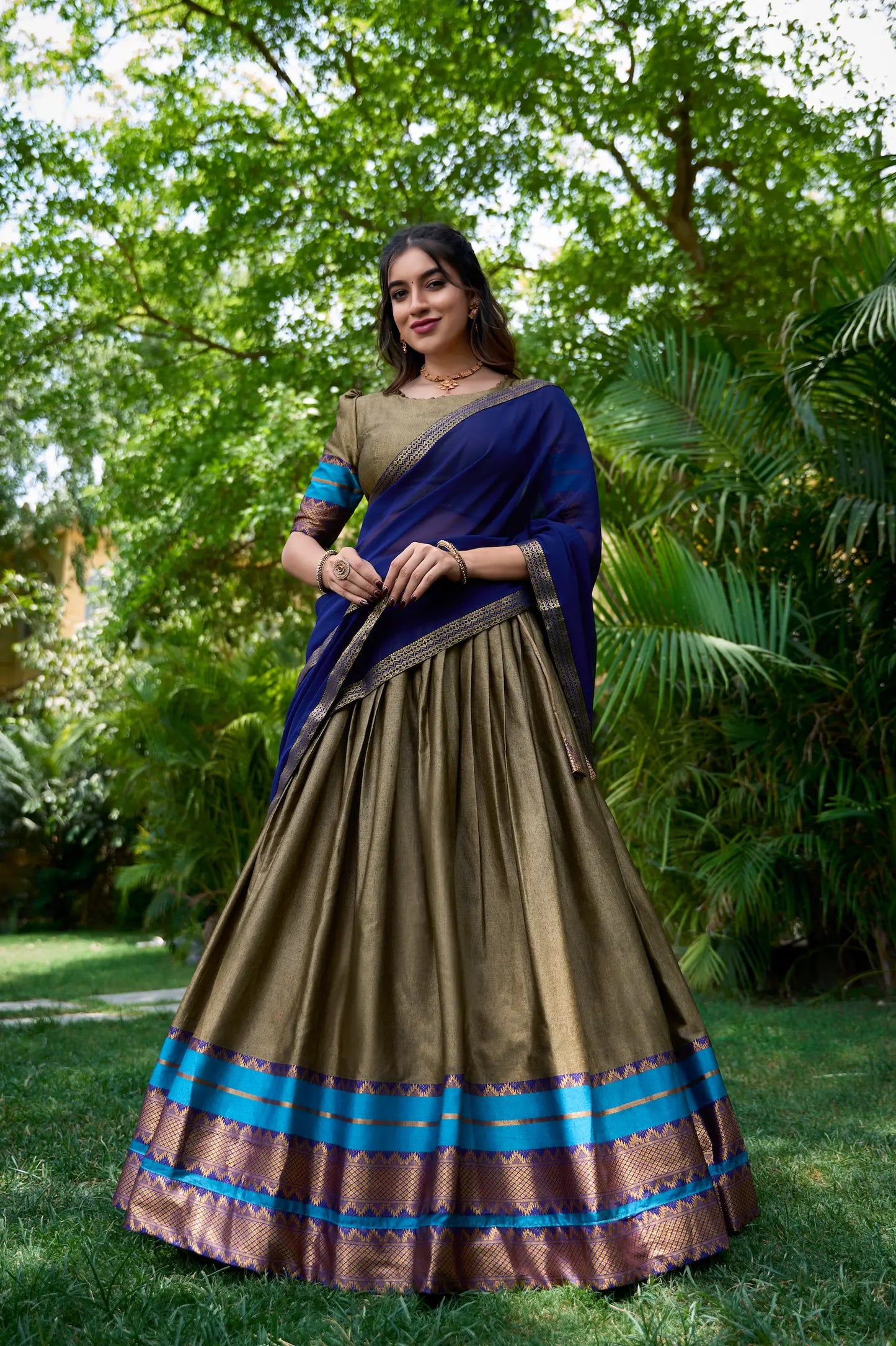 Dark Beige Poly Cotton Lehenga Choli with Zari Weaving Work