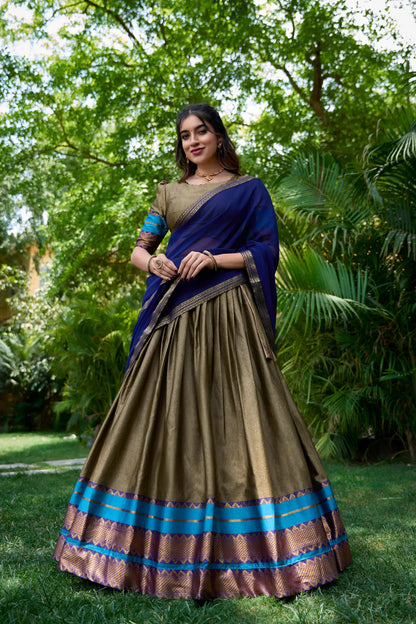 Dark Beige Poly Cotton Lehenga Choli with Zari Weaving Work